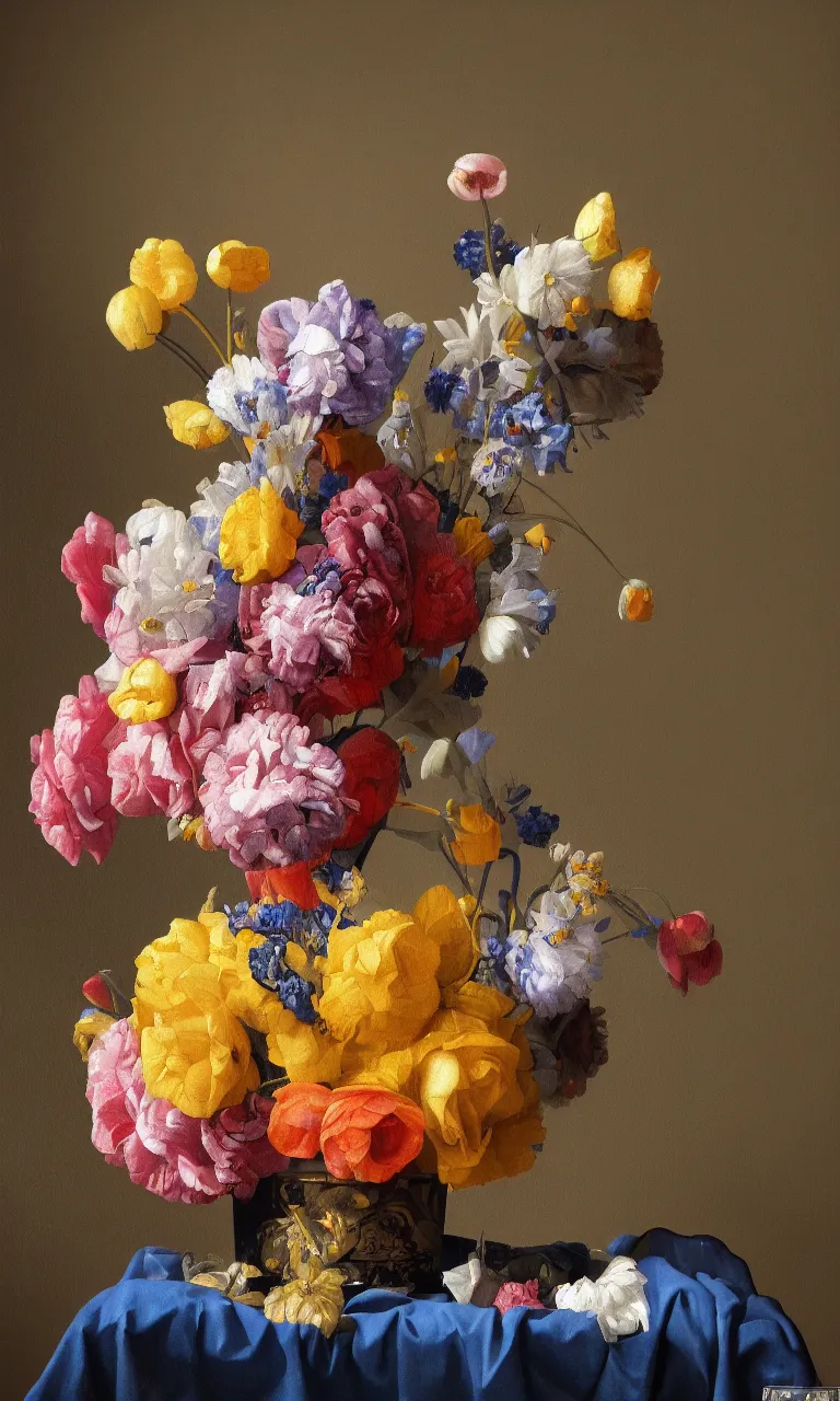 Image similar to still life of a big vase of flowers painted by Johannes Vermeer, vivid colors, high details, cinematic, 8k resolution, beautiful detailed, photorealistic, digital painting, artstation, concept art, smooth, sharp focus, illustration, fantasy background, artstation trending, octane render, unreal engine