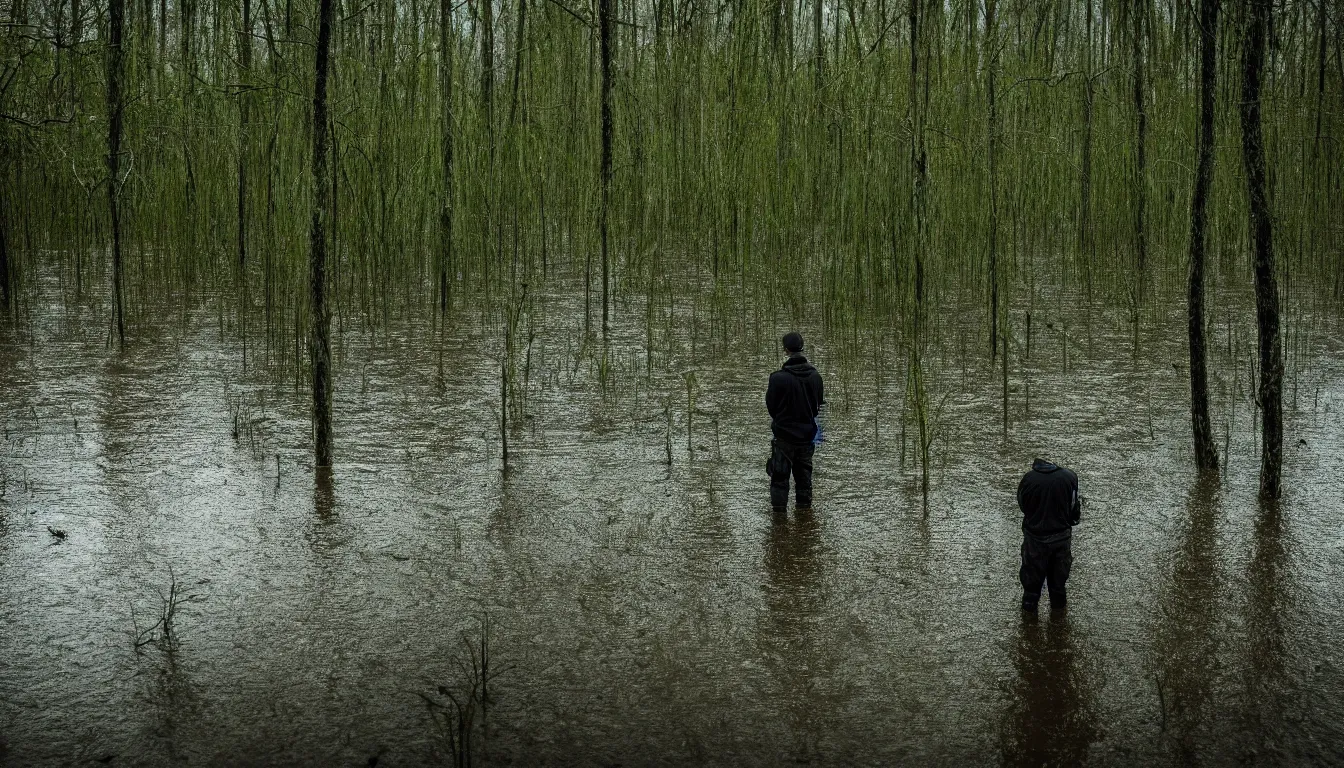 Prompt: person inspecting high flood in the middle grassy swamps, wavy water, dark, atmospheric, ambient vibe, very detailed, 8 k