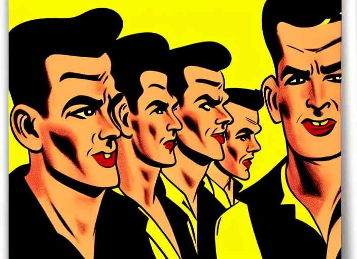 Image similar to rockabilly band 1950s, high detail, golden hour, 8K, by jack kirby