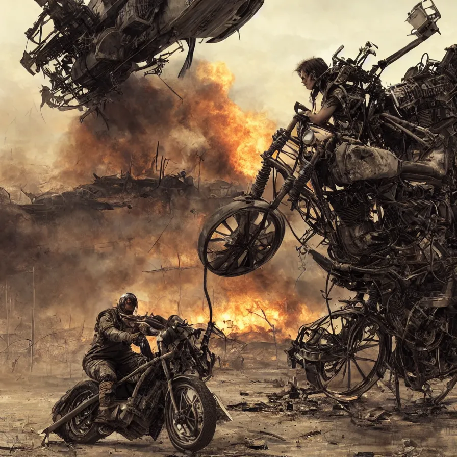 Image similar to post apocalyptic, biker with helmet in front of crashed airplane burning, photorealistic, ultra realistic, concept art, intricate details, photorealistic, octane render, 8 k, unreal engine. retro film still, heavy grain, 3 5 mm, art by artgerm and greg rutkowski and alphonse mucha