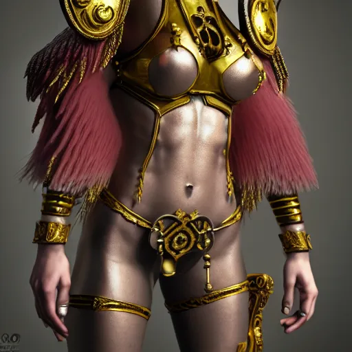 Prompt: a hyperrealistic render of a female valkryie, pronounced nordic feminine features, midriff, ornate metal chest plate with nordic religious decorations, low dutch angle, face in focus, natural lighting, realism, feminine and muscular, unreal engine 5, cinematic, octane