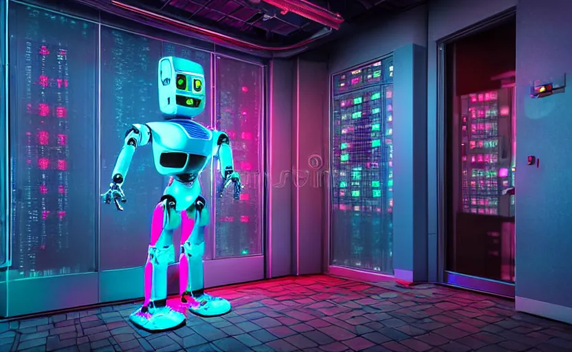 Prompt: high detailed robot, staying in front of data center room, 1 6 mm, high detail, cold neon light, cinematic colors, sharp