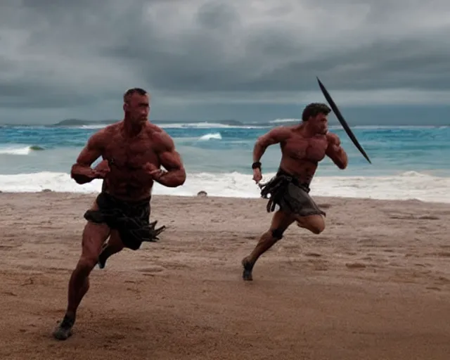 Image similar to single spartan running on australian beach, epic award winning action cinematic still from the movie 3 0 0