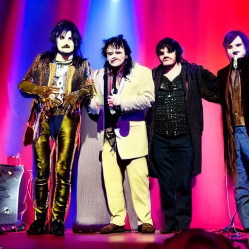 Image similar to the mighty boosh cast on stage featuring vince, howard, bollo and naboo