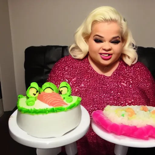 Image similar to trisha paytas eats sushi made out of birthday cake, mukbank, tumbnail