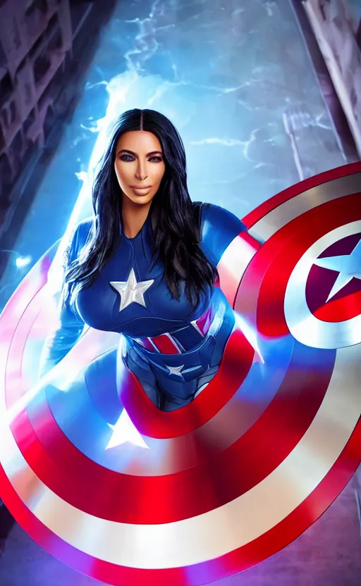 Image similar to Portrait of Kim kardashian as captain america, splash art, movie still, cinematic lighting, dramatic, octane render, long lens, shallow depth of field, bokeh, anamorphic lens flare, 8k, hyper detailed, 35mm film grain