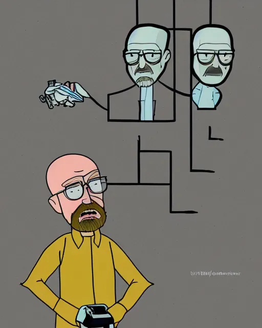 Image similar to portrait of walter white in the style of justin roiland. heisenberg from breaking bad. cinematic lighting. style of rick & morty. photographic, photography. by justin roiland