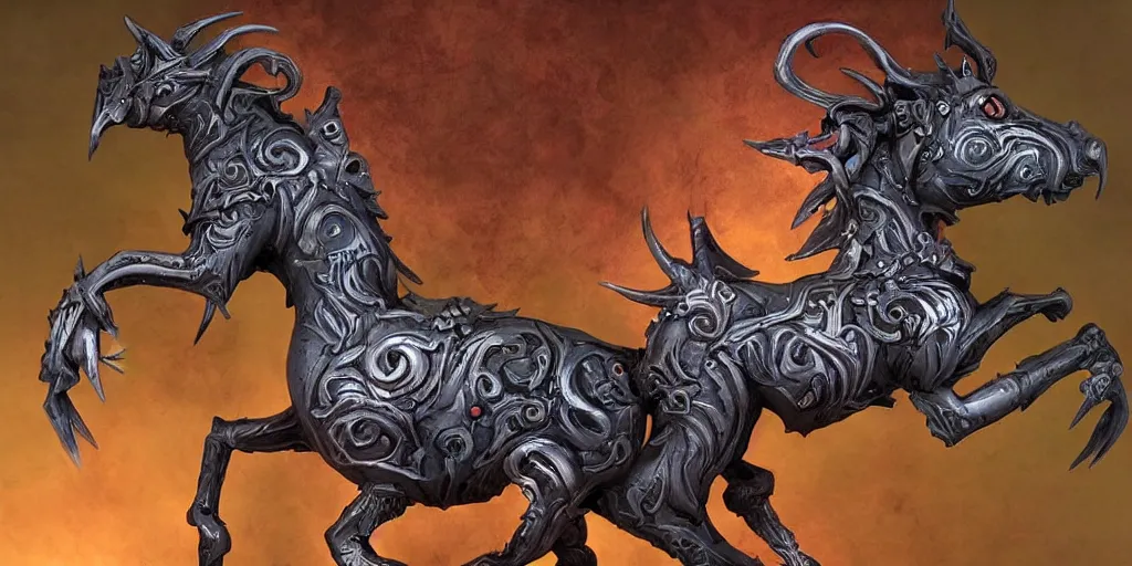 Prompt: a dark fantasy side view of a dark evil undead carousel horse, tim burton, world of warcraft, league of legends