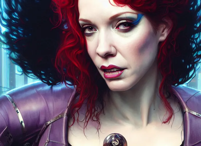 Image similar to portrait shot of a christina hendricks wearing cyberpunk clothing in cyberpunk 2 0 7 7, intricate, elegant, highly detailed, centered, digital painting, artstation, concept art, smooth, sharp focus, illustration, artgerm, tomasz alen kopera, peter mohrbacher, donato giancola, joseph christian leyendecker, wlop, boris vallejo