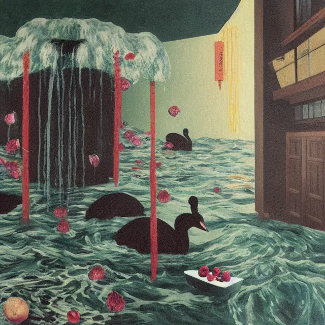 Image similar to painting of flood waters inside an apartment, emo catgirl art student, a river flooding inside, taps with running water, tangelos, zen, pigs, ikebana, water, river, rapids, waterfall, black swans, canoe, pomegranate, berries dripping, acrylic on canvas, surrealist, by magritte and monet