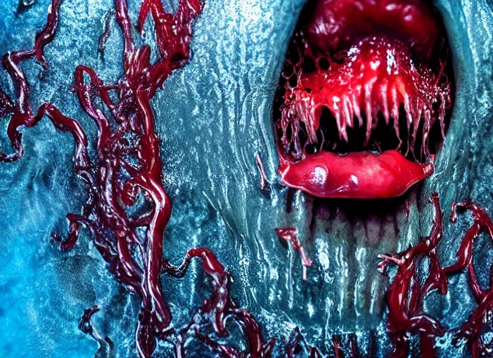 Prompt: a giant slimy creepy monster, very long slimy tongue, dripping saliva, mouth inside a mouth, macro photo, many long wet tongues, translucent skin, fangs, red glowing veins, thin blue arteries, cinematic colors, standing in shallow water, insanely detailed 8 k artistic photography, dramatic lighting