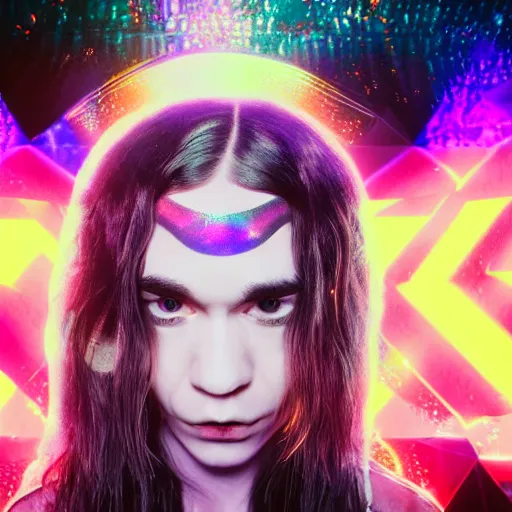 Image similar to a cinematic render with a highly detailed portrait of Grimes in a large room with holographic letters and numbers