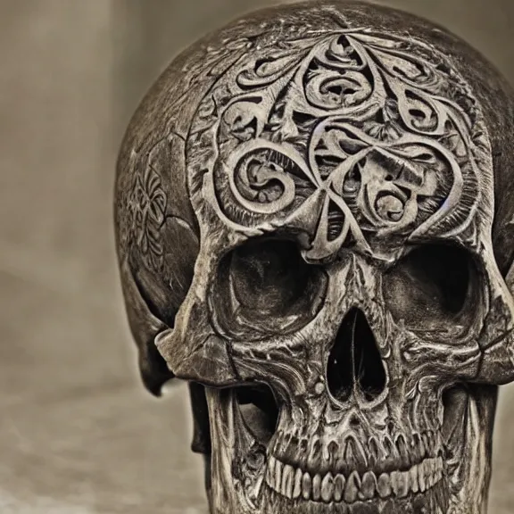 Prompt: intricate gothic details carved on a skull