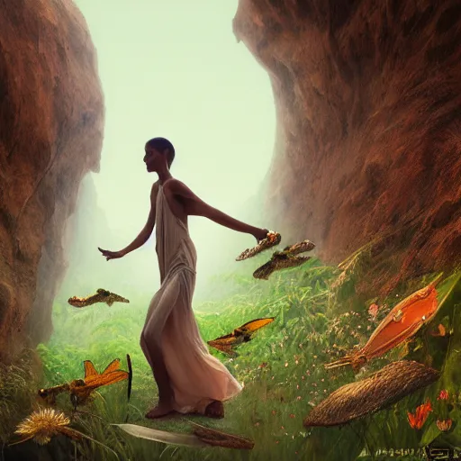 Image similar to beautiful bellidancer girl walks around Socotra among plants, flowers, trees and snags in a long transparent flowing dress and meets mystical animals, mystical insects, mystical birds, lizards, snakes, gorgeous, intricate, hypnotic dimensions, ruan jia, steve mccurry, Zdzislaw Beksinski style, sharp focus, intricate concept art, digital painting, ambient lighting, 4k, hdt, artstation trending on Gsociety, trending on ArtstationHQ, hyper quality, 16K