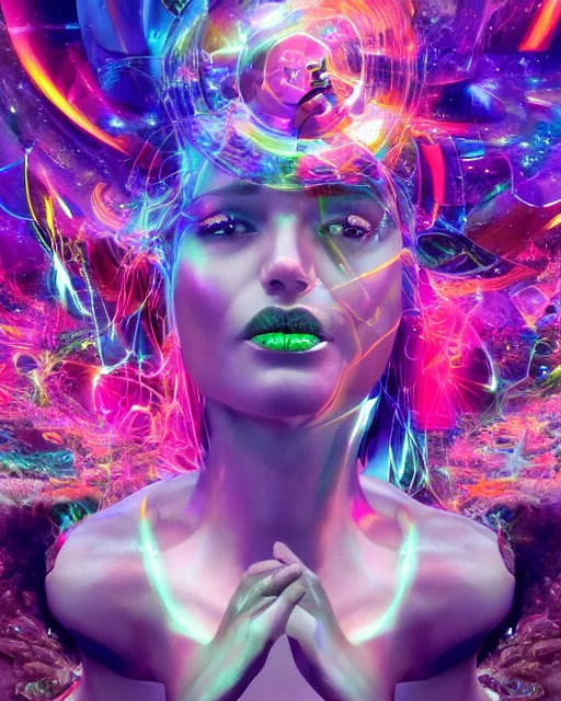 Image similar to a powerful energy psychedelic woman, by alexander fedosav, hyper detailed digital matte painting, concept art, hyperrealism, 1 6 k resolution, cinema 4 d, 8 k resolution, trending on artstation, behance hd, a masterpiece, by stephan martiniere, particles, cel - shaded, power bright neon energy, by david a. hardy,