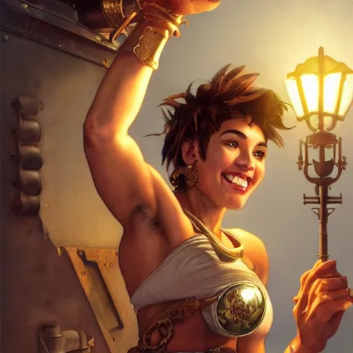 Prompt: a short young genie, with spikey short brown hair, brown skin, abs, a confident smile, emerging from her lamp and flexing her bicep, photorealistic, 25mm f/1.7 ASPH Lens, ultra realistic steampunk illustration, art by greg rutkowski and alphonse mucha