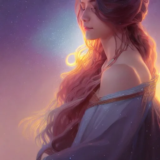 Image similar to aurora, girl with super long hair, hair becoming bright stars, intricate, highly detailed, digital painting, artstation, concept art, smooth, sharp focus, illustration, unreal engine 5, 8 k, art by artgerm and greg rutkowski and alphonse mucha