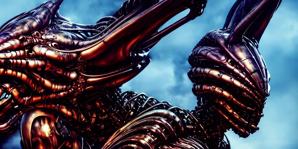 Image similar to star base, legendary dragon, iris van herpen, beautiful woman, perfect body, full body shot, helmet on face, inflateble shapes, masterpiece, guyver, giger, biomechanical details, denis villeneuve, movie still, cinestill, bokeh, artstation