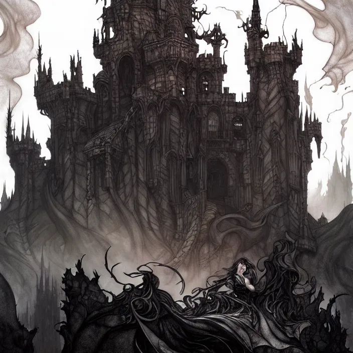 Image similar to style artgerm, joshua middleton, arthur rackham, twisted castle in hell, very long wirey spires, fire swirling, detailed, cave setting, volumetric lighting