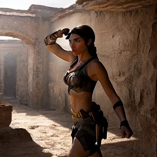 Prompt: a still from a film of Gal Gadot as Lara Croft in a beautiful ancient peruvian town, mid shot, highly detailed face