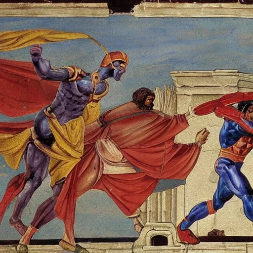 Image similar to hellenistic greece painting of ironman flying across the coliseum