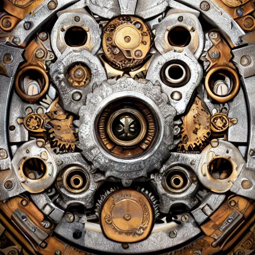 Image similar to A steampunk ornate made of engraved full plate armor and gears with a styracosaur head at the center, Macro shot by Justin Gerard, unreal engine, physically based rendering