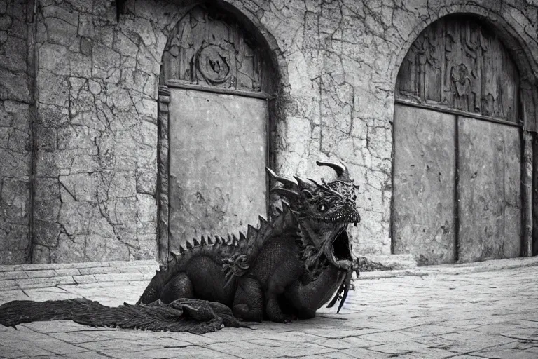 Image similar to photo of sad dragon from game of thrones on the sreets of depressive soviet russia, photorealism,