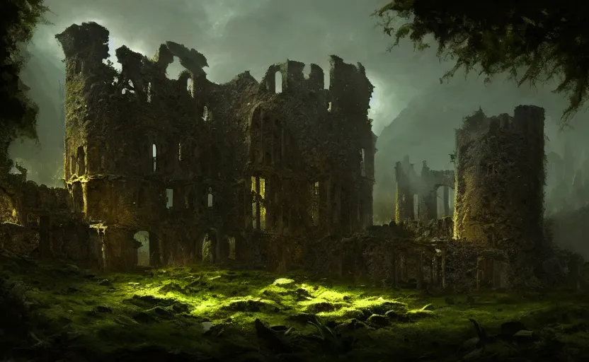 Image similar to ruins of an old castle covered by plant and moss with moody and cinematic lighting by greg ruthkowski and craig mullins and caspar david friedrich, concept art, artstation, trending on artstation