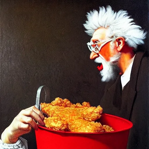 Image similar to Colonel Sanders eating fried chicken out of a red bucket. Painted by Caravaggio, high detail