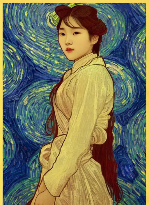 Prompt: portrait of teen Lee Ji-eun wearing a divine celestial elegant suit, rule of thirds, seductive look, captivating, Vincent van Gogh pastiche by Alphonse Mucha, artstation, cinematic, award winning, original modern artwork, set on Singaporean aesthetic, rgb ethereal lighting