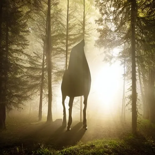 Image similar to a totem horse in the middle of a forest, foggy ambience, god rays.