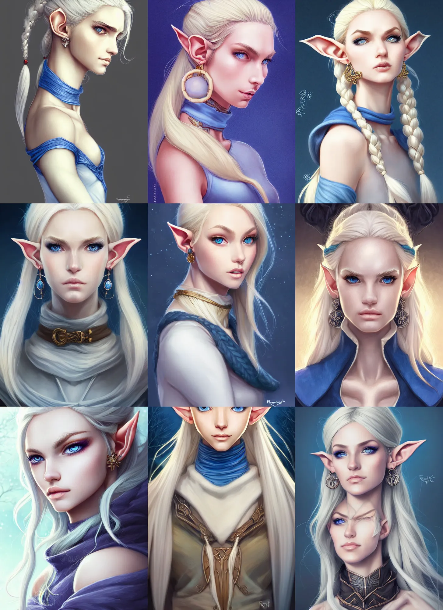 Prompt: bust portait of beautiful elf lady, white skin, blue eyes, blonde, long tied ponytail, serious look, sleeveless turtle neck sweater, earrings, highly detailed, high fantasy, smooth, sharp focus, digital illustration, by rossdraws, frank franzzeta, artgerm