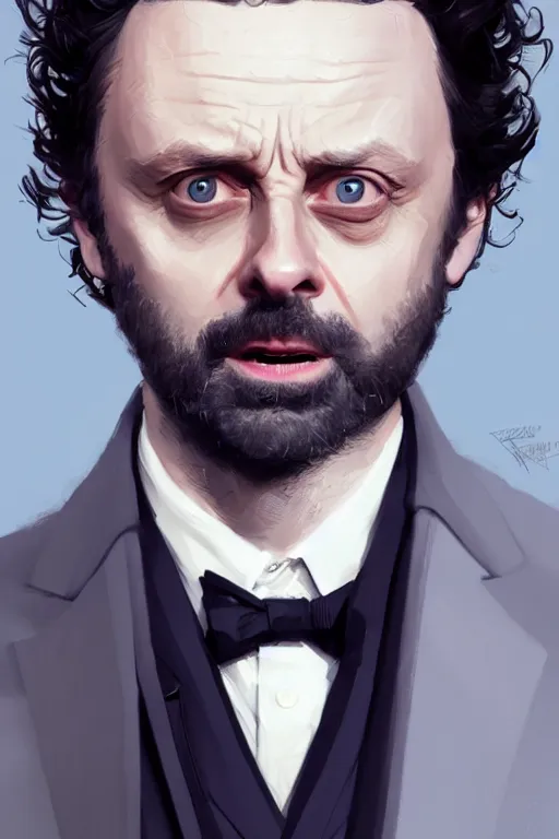 Prompt: Michael Sheen with light beard, curly hair, modern, hero, wearing a suit, highly detailed, digital painting, artstation, concept art, sharp focus, illustration, by greg rutkowski