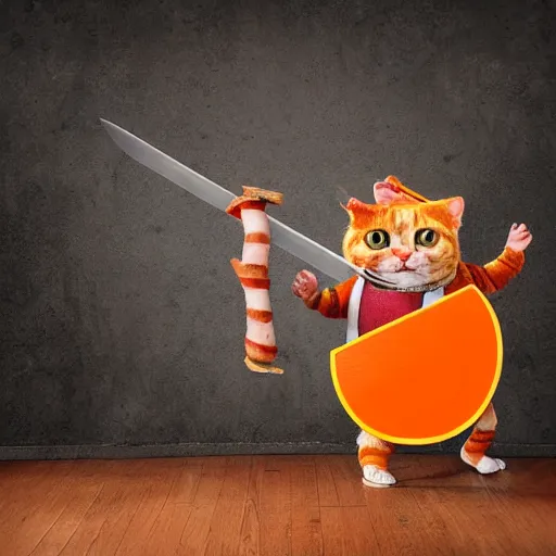 Image similar to anthropomorphic bacon, sword fighting an orange tabby cat, orange tabby sword fighting anthropomorphic bacon, award - winning photograph, realism