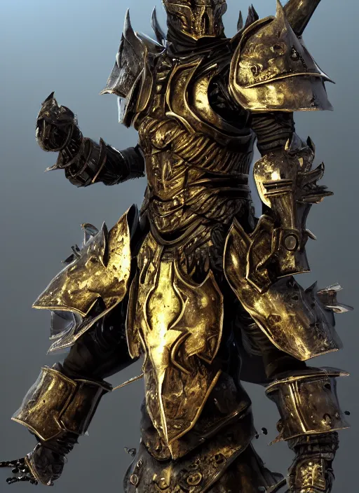 Image similar to a photorealistic 3D render of a full body dark side knight (as an archetypal DnD isekai Demon Lord) wearing armor made of gold and silver, inspired by Dark Souls and Doom Eternal and Fallout, unreal engine, octane render, cinematic lighting, a sense of evil, detailed hard surface boss character concept art, character design, hyper realism, high detail, depth of field, stunning cgsociety, HD, HDR, 4k