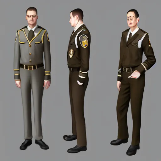 Prompt: pale skin security officers beige uniform - - - blue pants trending on artstation high detail digital painting