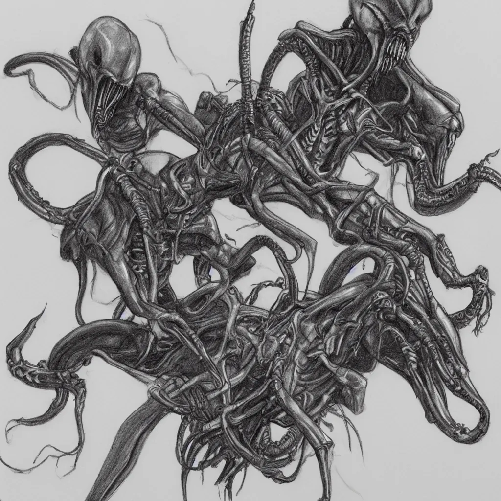 Image similar to a pencil sketch of a cowboy riding xenomorph, white background