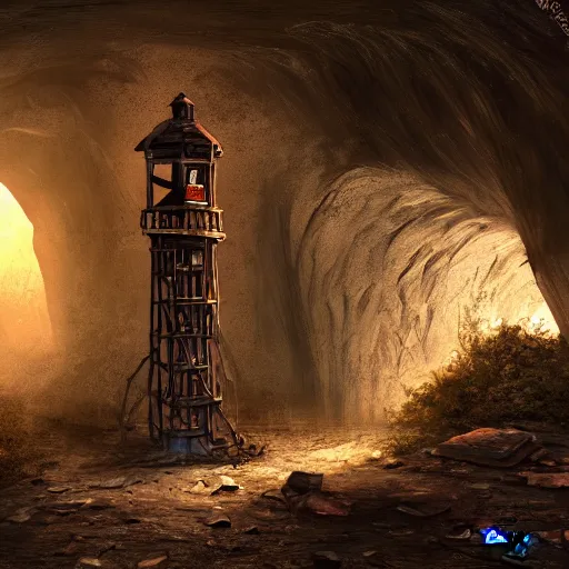 Image similar to an abandoned old,rusty, clock tower in a dark enormous cave, painting, illustration, Concept art, art station , 4k, perfectly balanced light, digital art, unreal