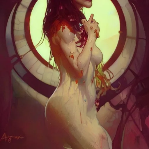 Image similar to digital character concept art by artgerm and greg rutkowski and alphonse mucha. clear portrait of vampire girl, blood dripping, light effect. hyper detailed, glowing lights!! intricate, elegant, digital painting, artstation, smooth, sharp focus