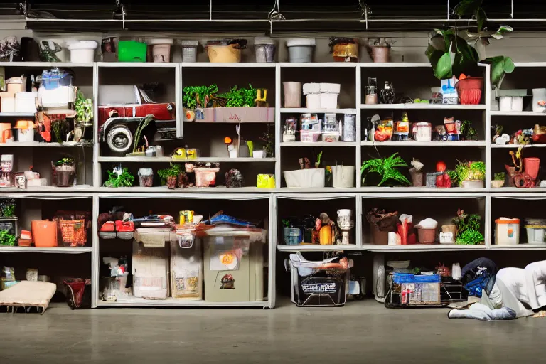 Image similar to garage with carnivorous plants on the shelves and packing peanuts on the floor, scene from tv show hyper detailed 5 5 mm 8 5 mm, low - light photography by tyler mitchell, made out of plastic