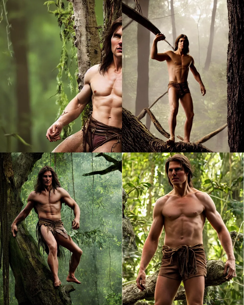 Prompt: A studio color photo of Tom Cruise as Tarzan in the style of Annie Leibovitz, bokeh, 90mm, f/1.4