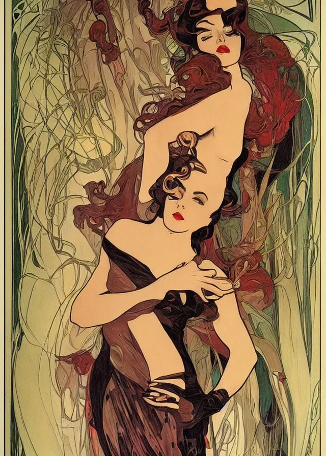 Prompt: vertigo, film noir, femme fatale, movie poster print, art nouveau, mucha