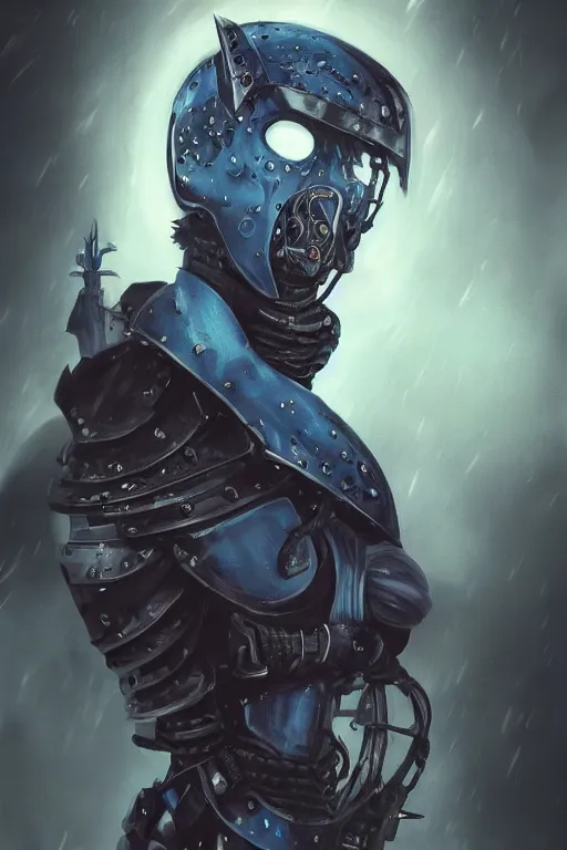 Prompt: portrait of beautiful gothic and futuristic young man, warhammer, cyber armor, a lot of more and more scars, thunderstorm, blue head, the middle ages, highly detailed, artstation, illustration, more and more composision, 8 k quality, art by greg gandy, vincent disederio
