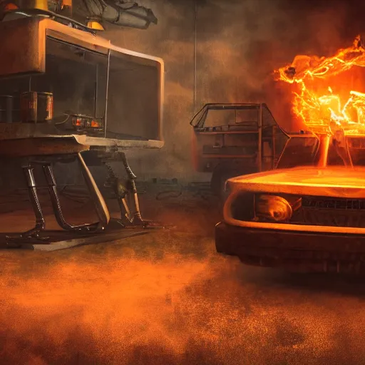 Image similar to toaster oven terminator robot, dark messy smoke - filled cluttered workshop, dark, dramatic lighting, orange tint, sparks, cinematic, highly detailed, sci - fi, futuristic, movie still