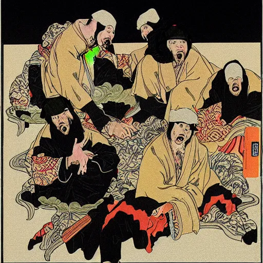 Image similar to wu-tang clan rapping, portrait, style of ancient text, hokusai