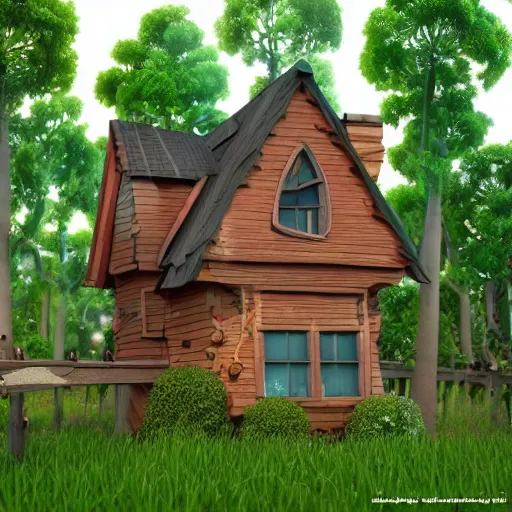 Image similar to funny house, 3d, rendering, realistic, forest, pixar and disney style