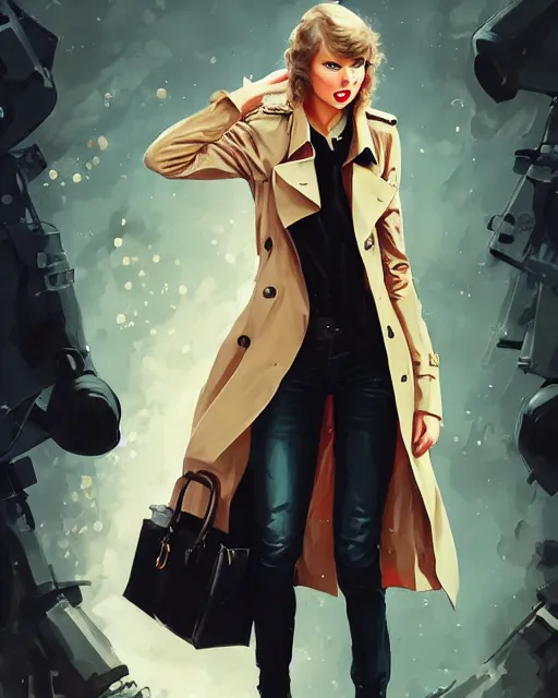 Image similar to taylor swift wearing fashionable trench coat, jesper ejsing, artgerm, ismail inceoglu, tom whalen