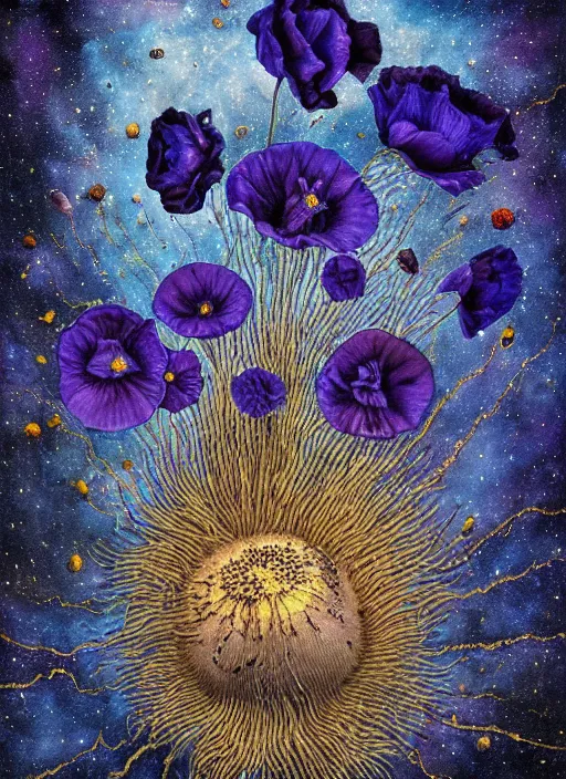 Image similar to detailed, intricate blue black and purple papaverum flower on the field, nebula, galaxy in the sky, winning award masterpiece, fantastically beautiful, illustration, aestheticly inspired, jacek yerka, upscale with anguissola sofonisba work, artstation, 8 k