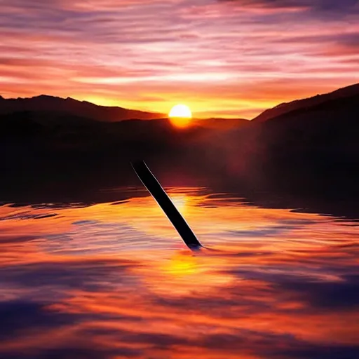 Image similar to a floating sword in front of a sunrise, extremely realistic and beautiful