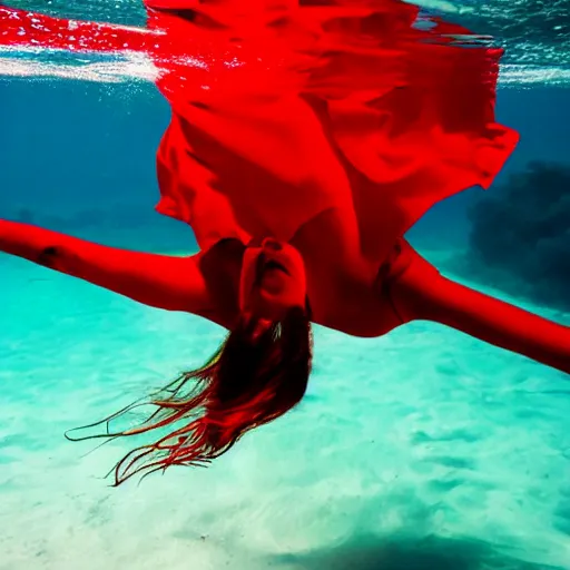 Image similar to fashion model girl in red silk underwater